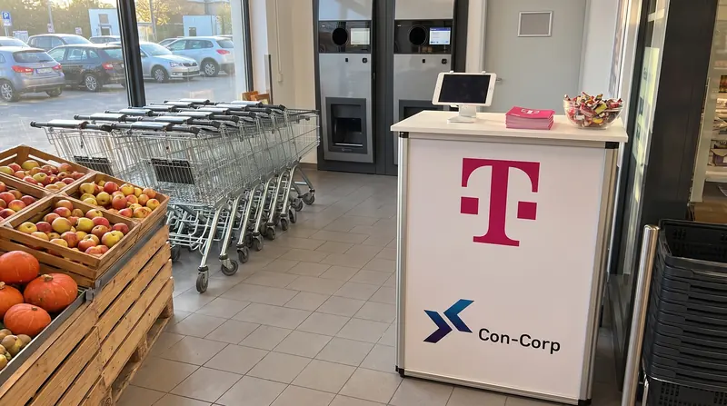 Unser Stand mit Telekom und Con-Corp Logo im Eingang eines Supermarkts